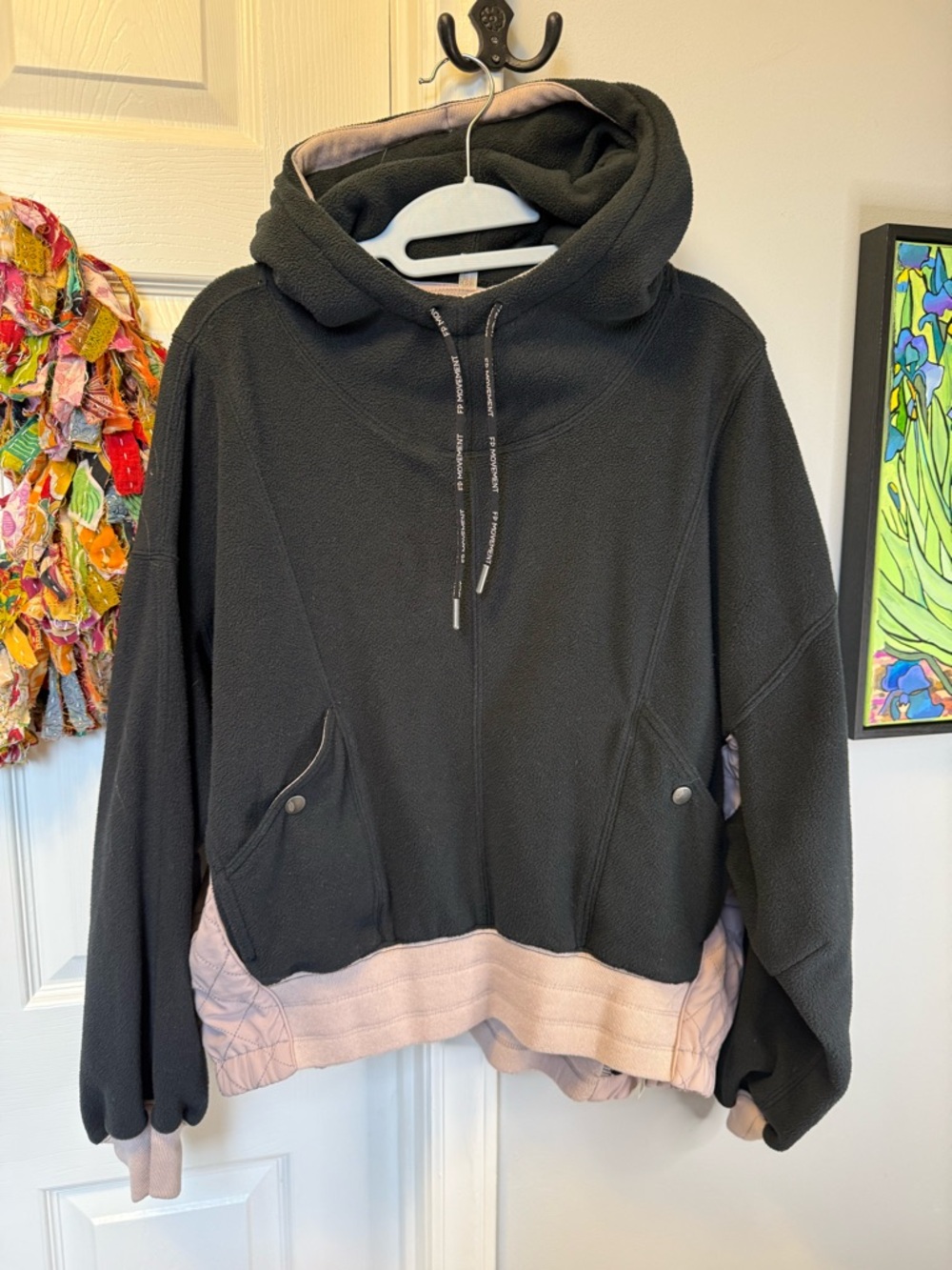 FP Movement by Free People Black Fleece Hoodie with Cream Drawcord